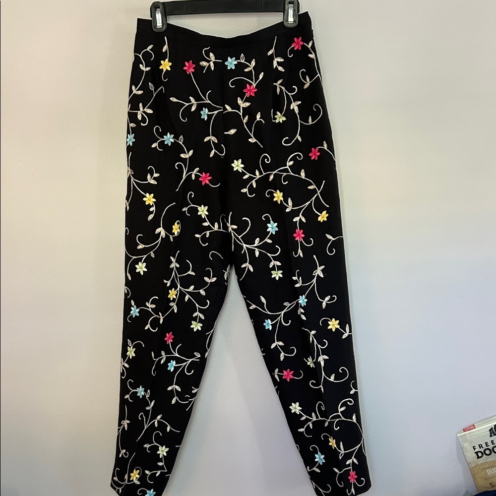 Talbots 100% Linen  Floral Embroidered Pants with Multicolor Flowers